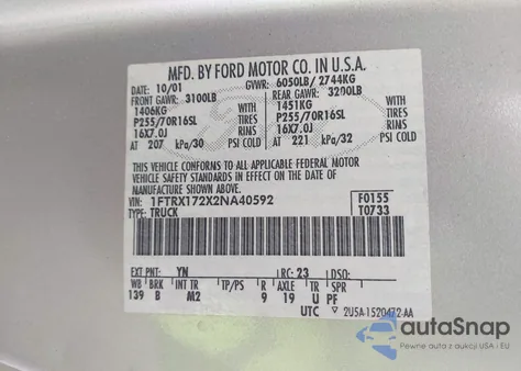 2002 Ford F-150 Xl/Xlt из США, поврежденный, VIN 1FTRX172X2NA40592